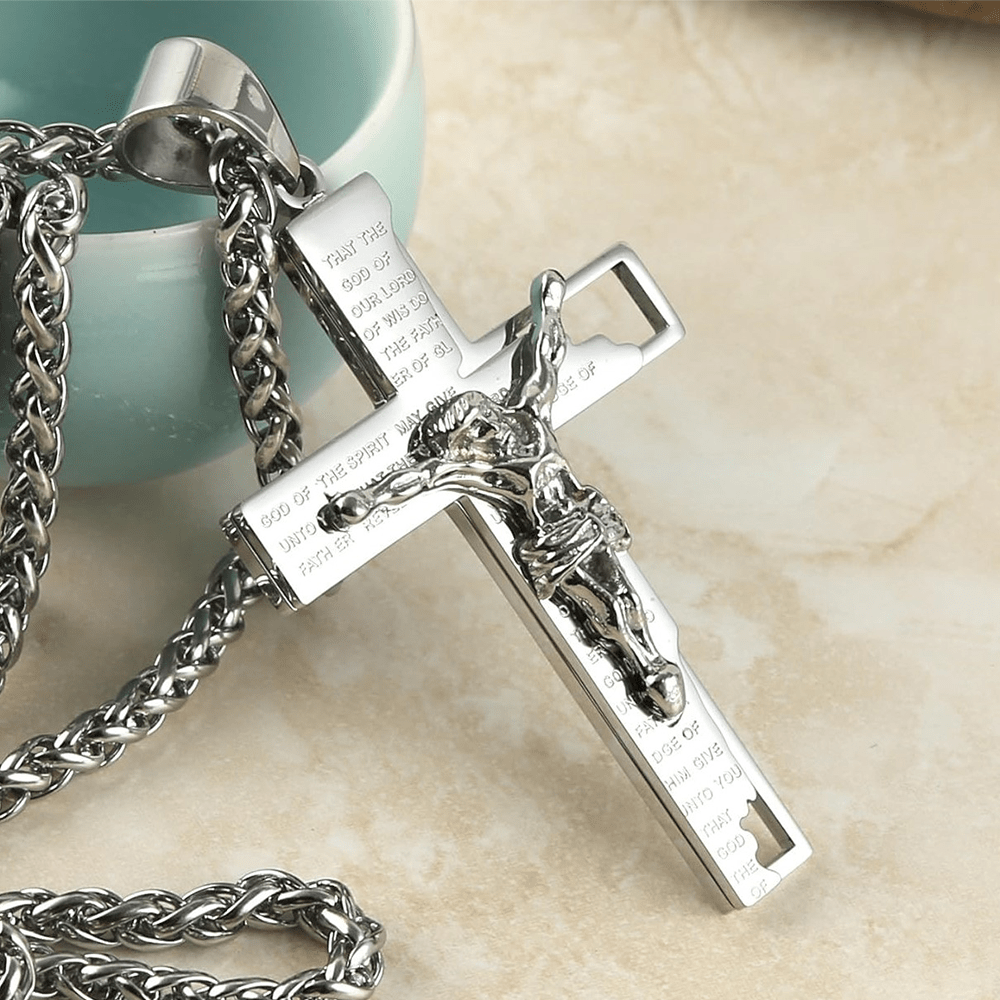 Stainless Steel Crucifix Bible Prayer Pendant Necklace Chain