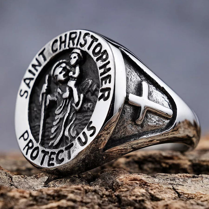 Saint Christopher Protect Us Medal Signet Ring
