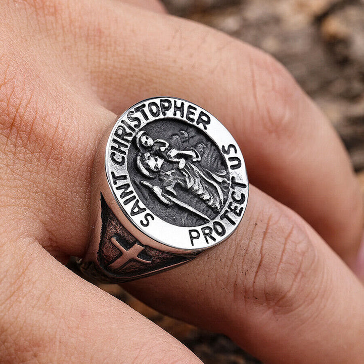 Saint Christopher Protect Us Medal Signet Ring