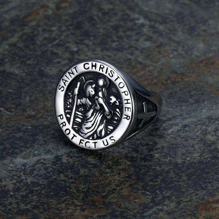 Saint Christopher Protect Us Medal Signet Ring
