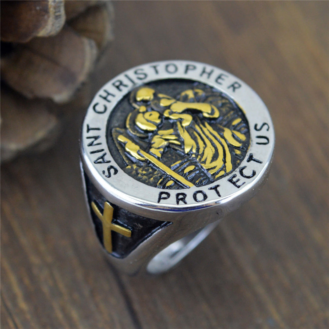 Saint Christopher Protect Us Medal Signet Ring