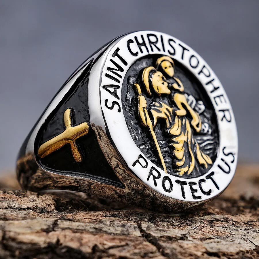 Saint Christopher Protect Us Medal Signet Ring