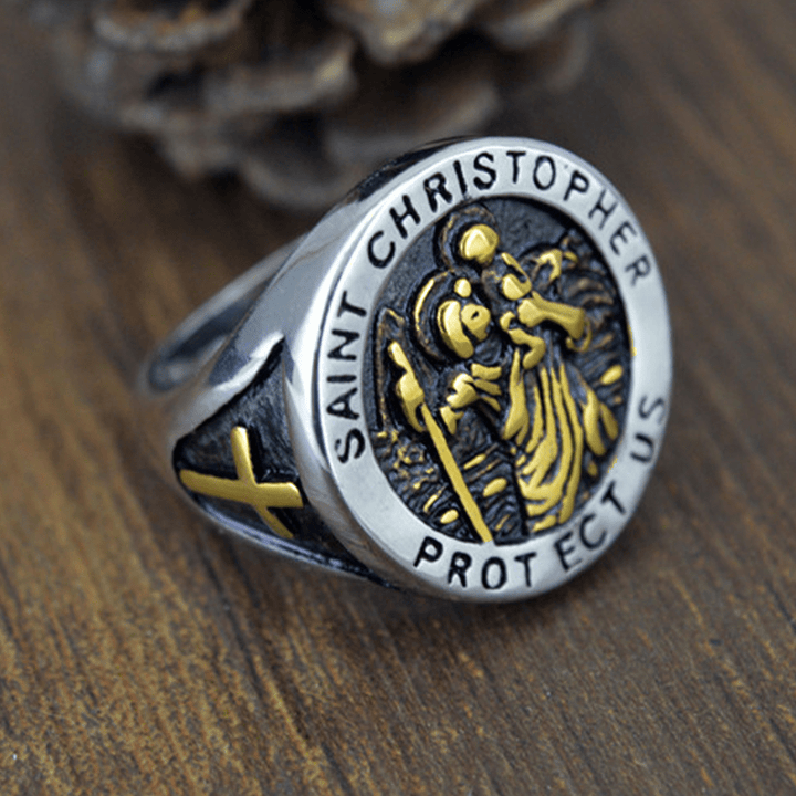 Saint Christopher Protect Us Medal Signet Ring