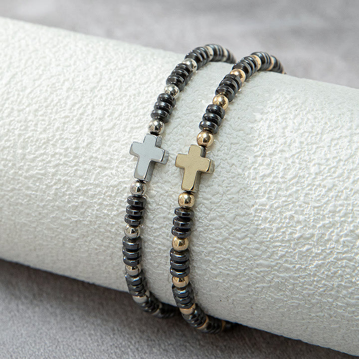 2pcs Cross Decor Beaded Stackable Hematite Bracelet