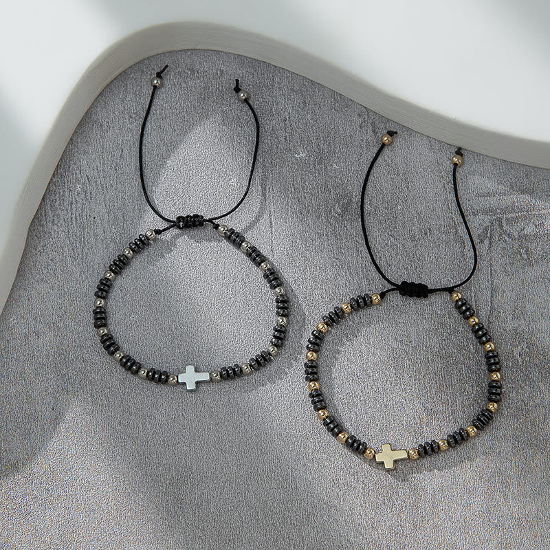 2pcs Cross Decor Beaded Stackable Hematite Bracelet