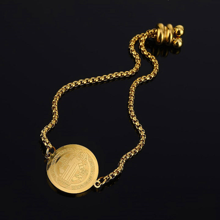 St. Benedict Engraved Medal  Adjustable Bracelet