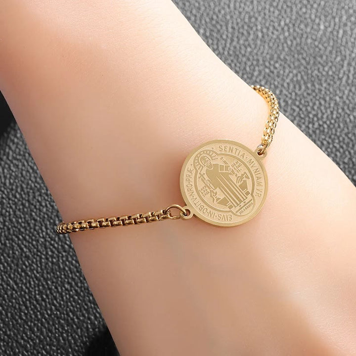 St. Benedict Engraved Medal  Adjustable Bracelet