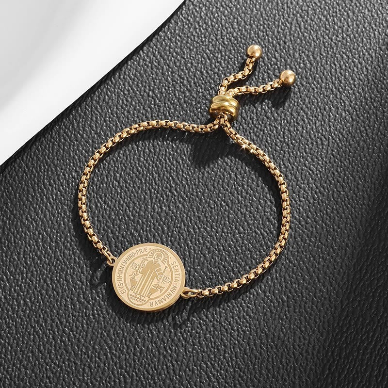 St. Benedict Engraved Medal  Adjustable Bracelet