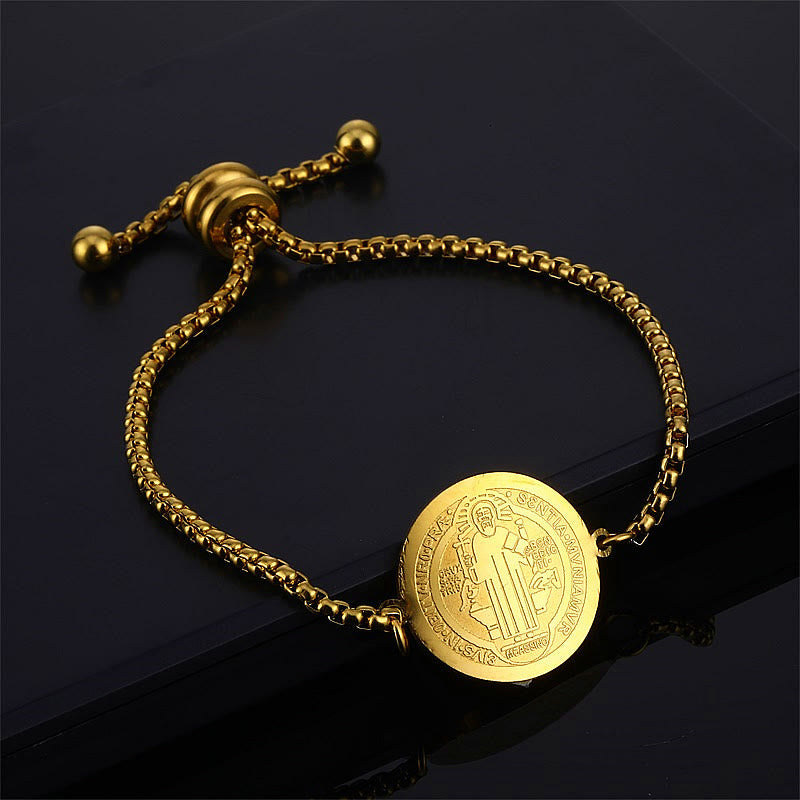 St. Benedict Engraved Medal  Adjustable Bracelet