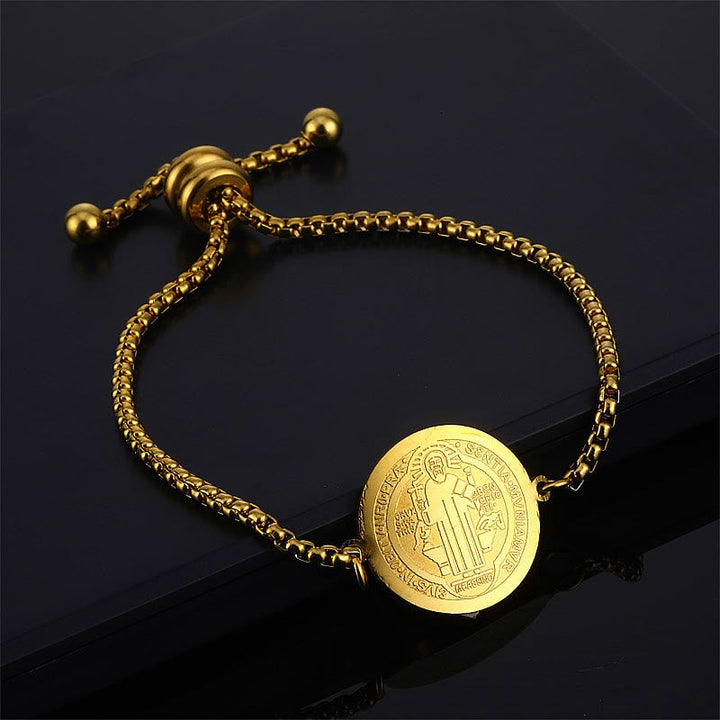 St. Benedict Engraved Medal  Adjustable Bracelet