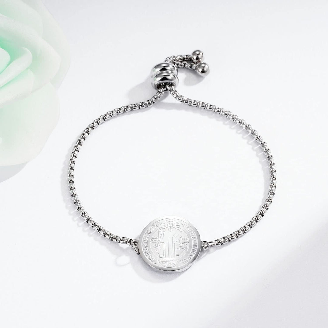 St. Benedict Engraved Medal  Adjustable Bracelet