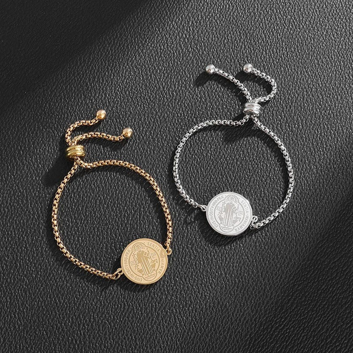 St. Benedict Engraved Medal  Adjustable Bracelet