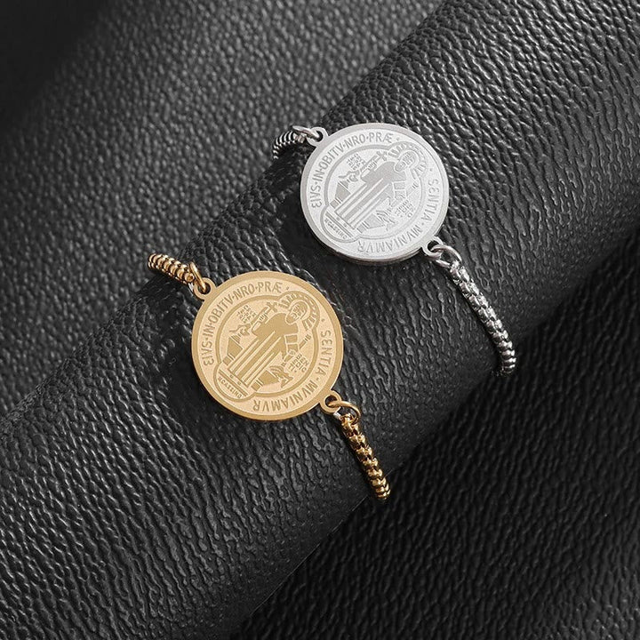 St. Benedict Engraved Medal  Adjustable Bracelet