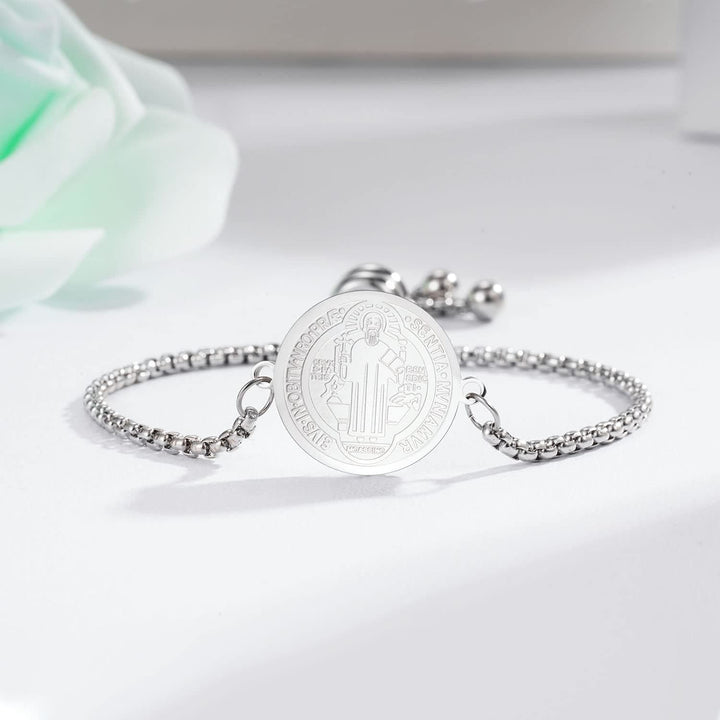 St. Benedict Engraved Medal  Adjustable Bracelet
