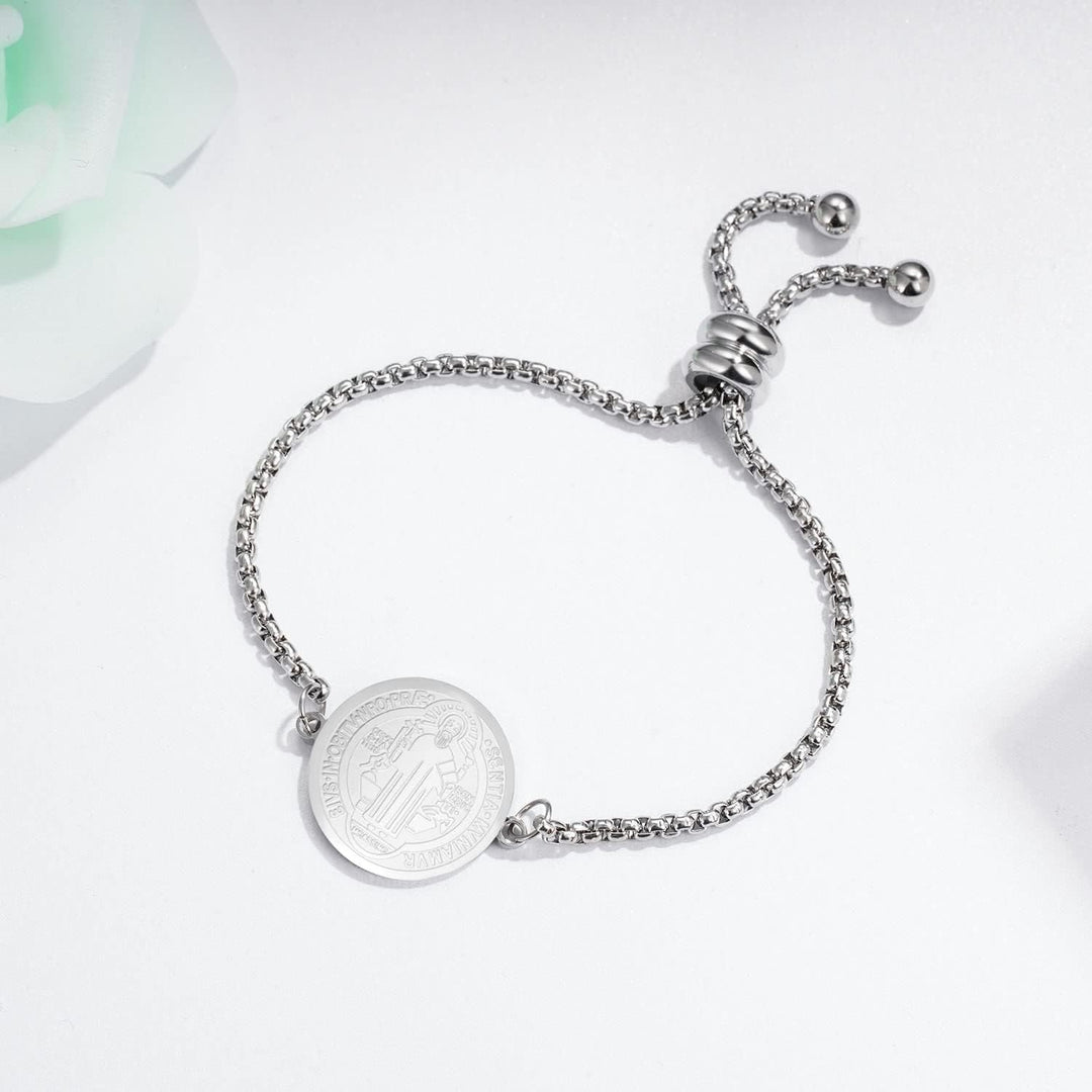 St. Benedict Engraved Medal  Adjustable Bracelet