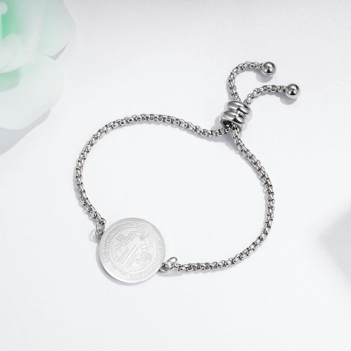 St. Benedict Engraved Medal  Adjustable Bracelet