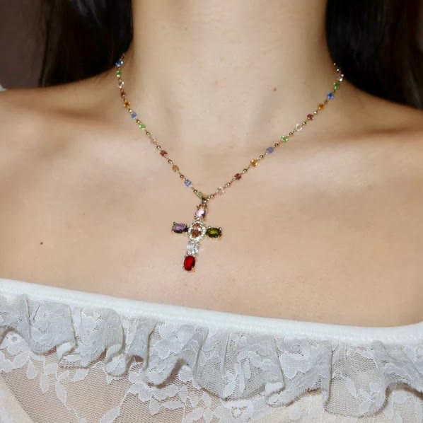 Bible 12 Gemstones Cross Pendant Necklace