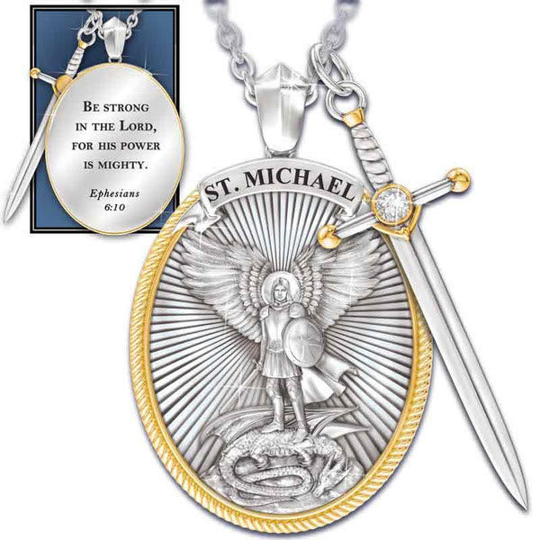 Two Tone Sword & Oval Shield St. Michael Pendant Necklace