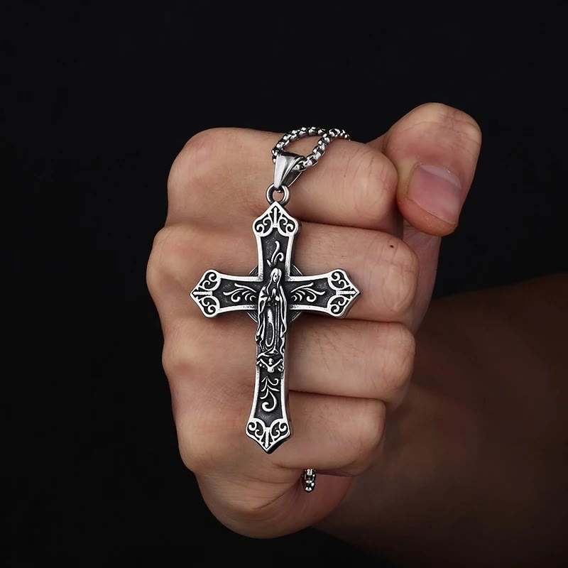 Retro Titanium Virgin Mary Cross Pendant Necklace
