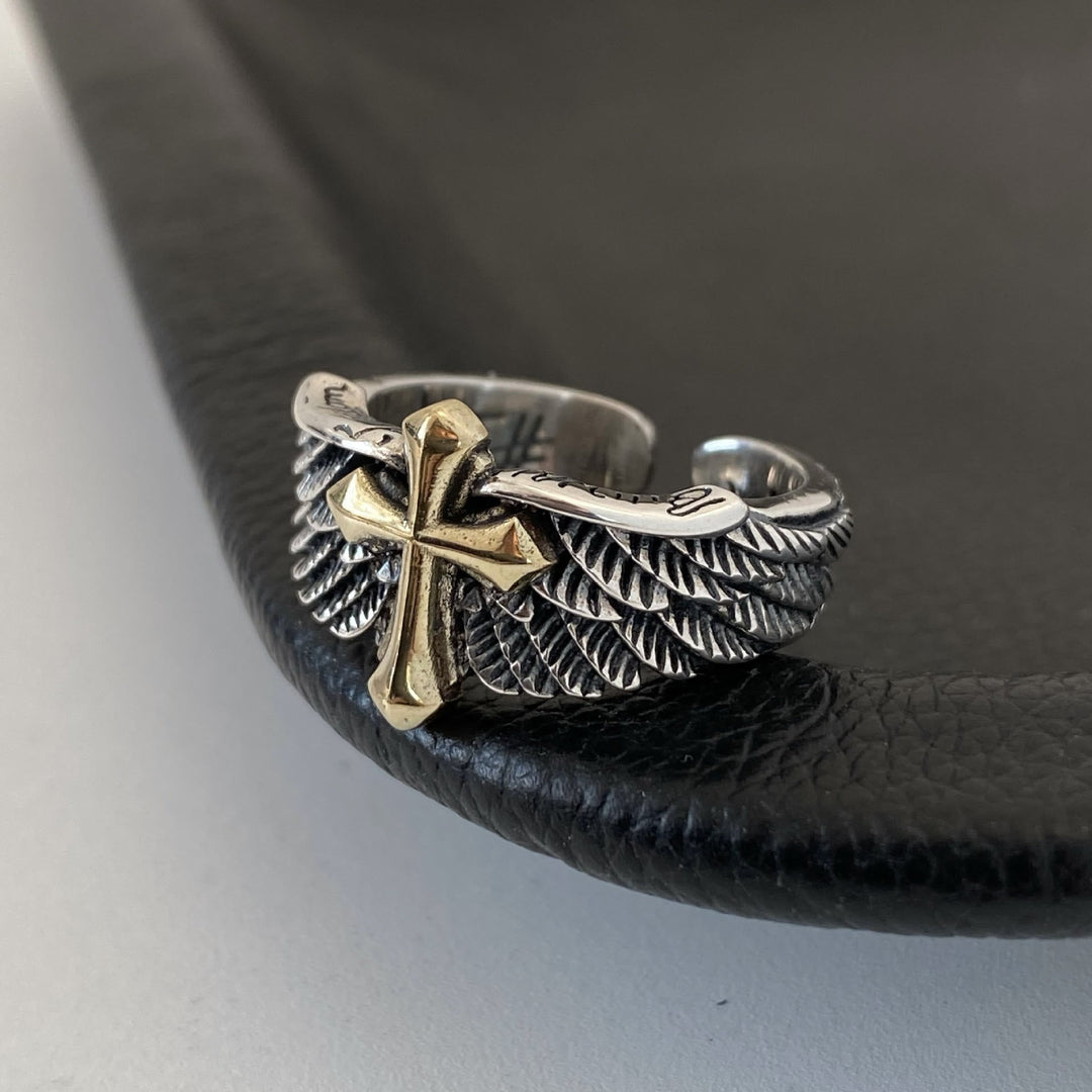 Retro Wings Cross Graffiti Letter Adjustable Ring