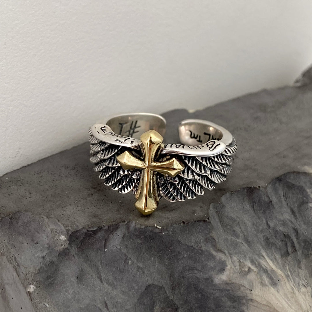 Retro Wings Cross Graffiti Letter Adjustable Ring