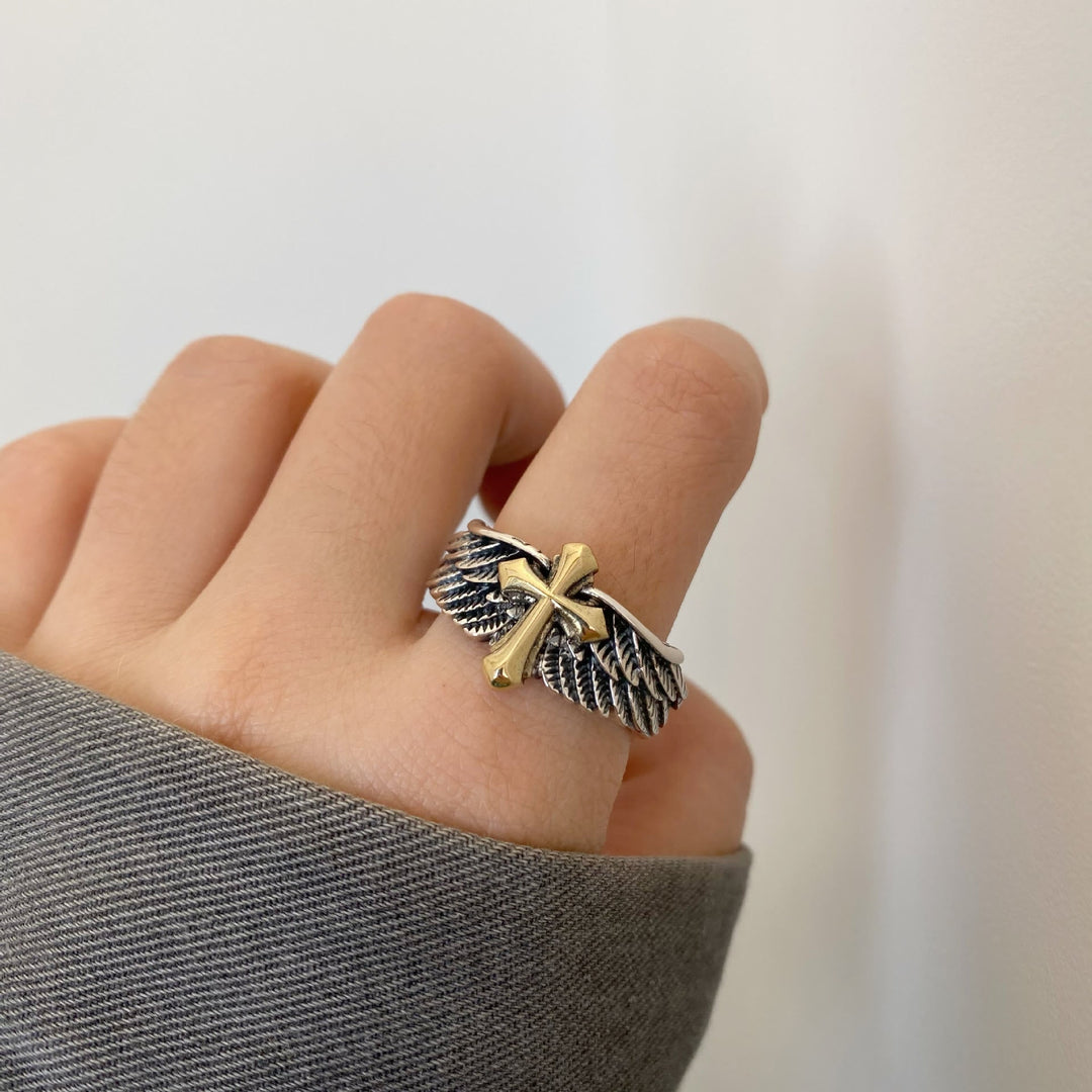 Retro Wings Cross Graffiti Letter Adjustable Ring
