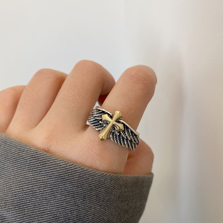 Retro Wings Cross Graffiti Letter Adjustable Ring