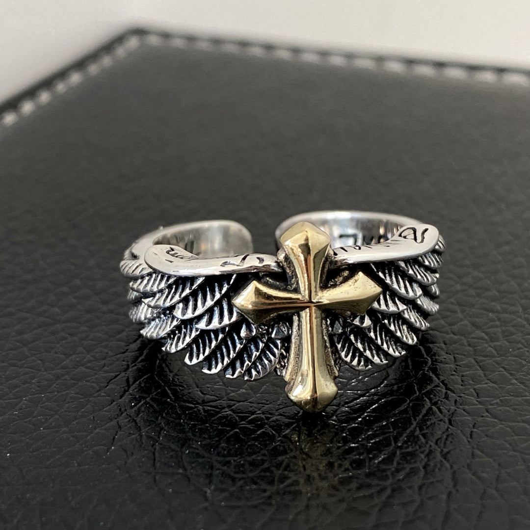 Retro Wings Cross Graffiti Letter Adjustable Ring