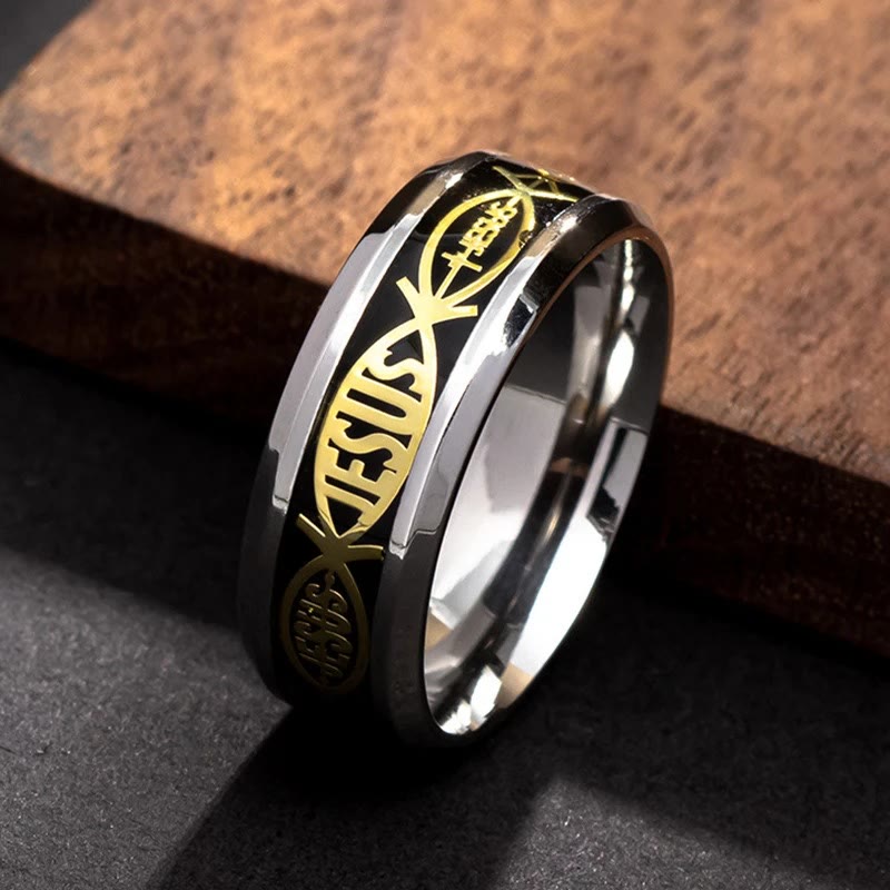 Rustic Stainless Steel Ring: "Jesus" in Fish