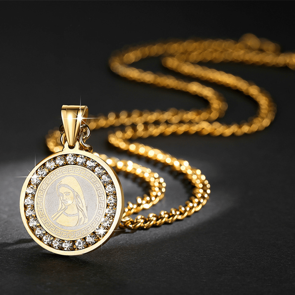 Zircon Set Virgin Mary Titanium Pendant Necklace