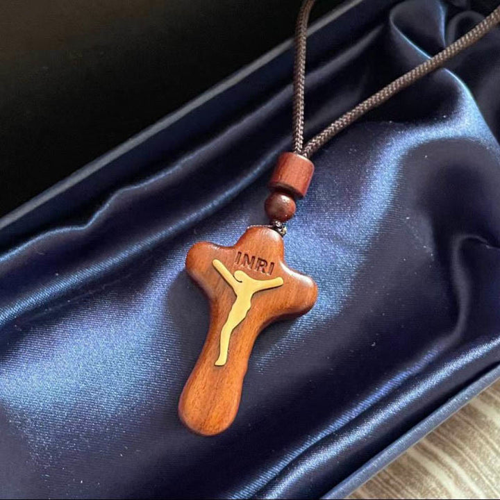 Rosewood Inlaid Boxwood Cross Pendant Necklace