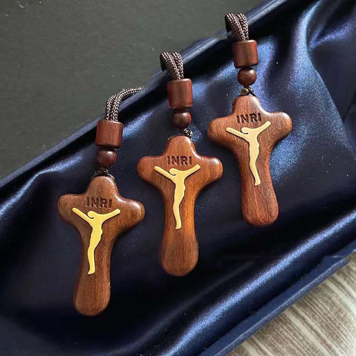 Rosewood Inlaid Boxwood Cross Pendant Necklace