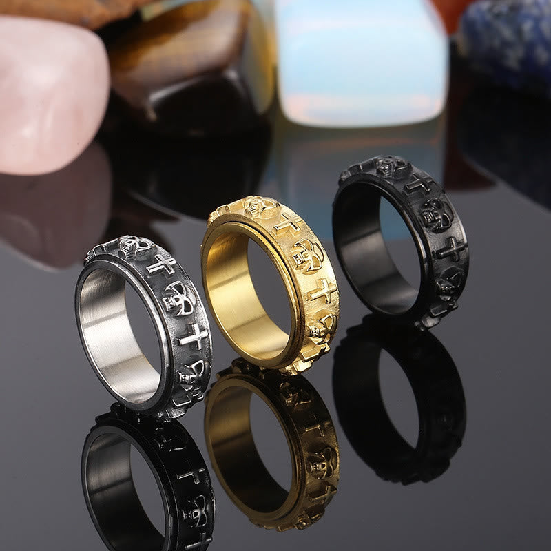 Rotatable Skull Head Cross Religion Ring
