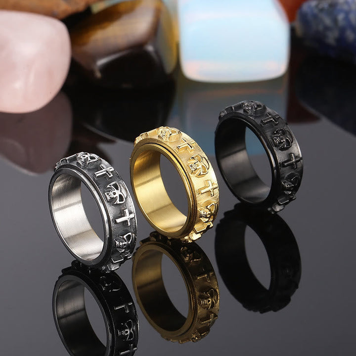 Rotatable Skull Head Cross Religion Ring