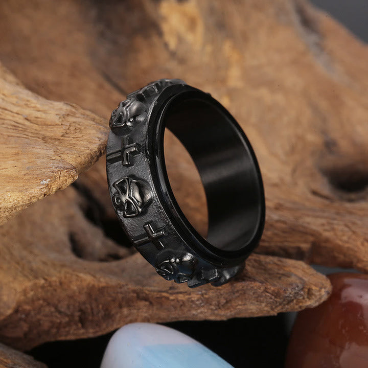 Rotatable Skull Head Cross Religion Ring