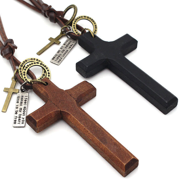 Vintage Wood Cross Adjustable Leather Necklace