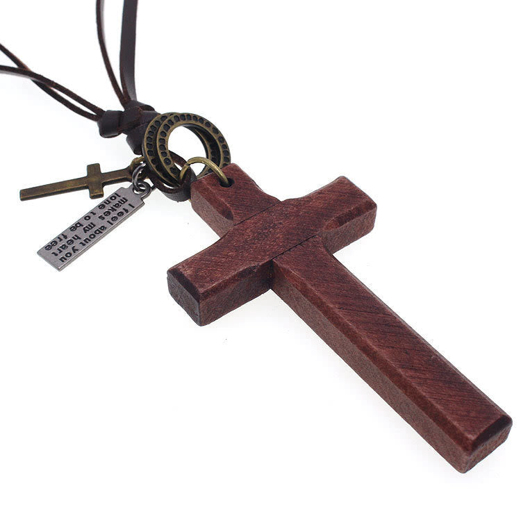 Vintage Wood Cross Adjustable Leather Necklace