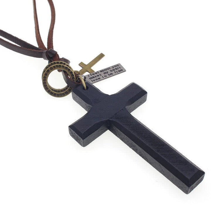 Vintage Wood Cross Adjustable Leather Necklace
