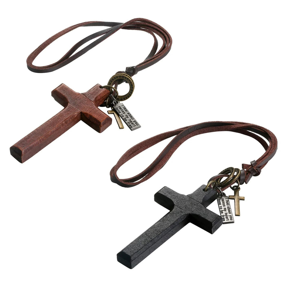 Vintage Wood Cross Adjustable Leather Necklace