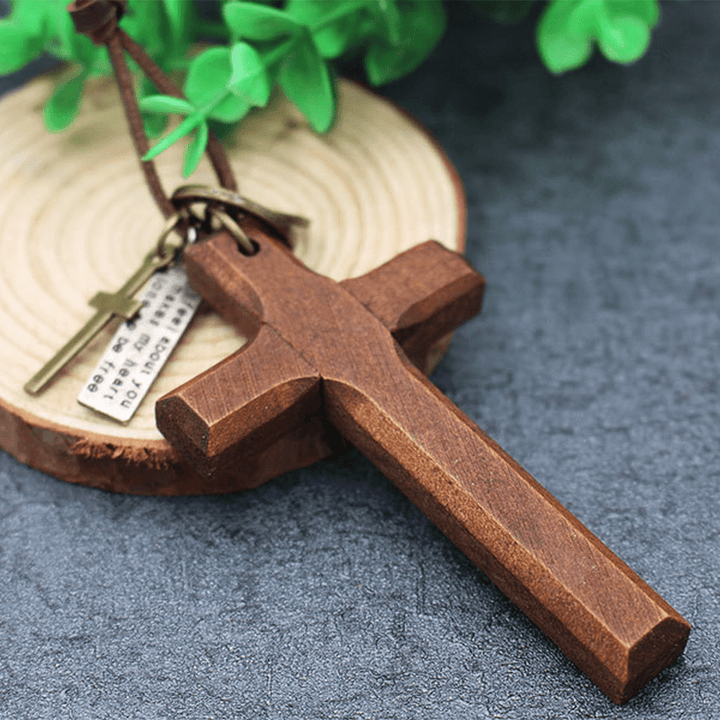 Vintage Wood Cross Adjustable Leather Necklace
