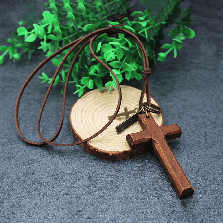 Vintage Wood Cross Adjustable Leather Necklace