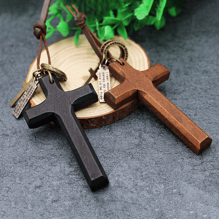 Vintage Wood Cross Adjustable Leather Necklace