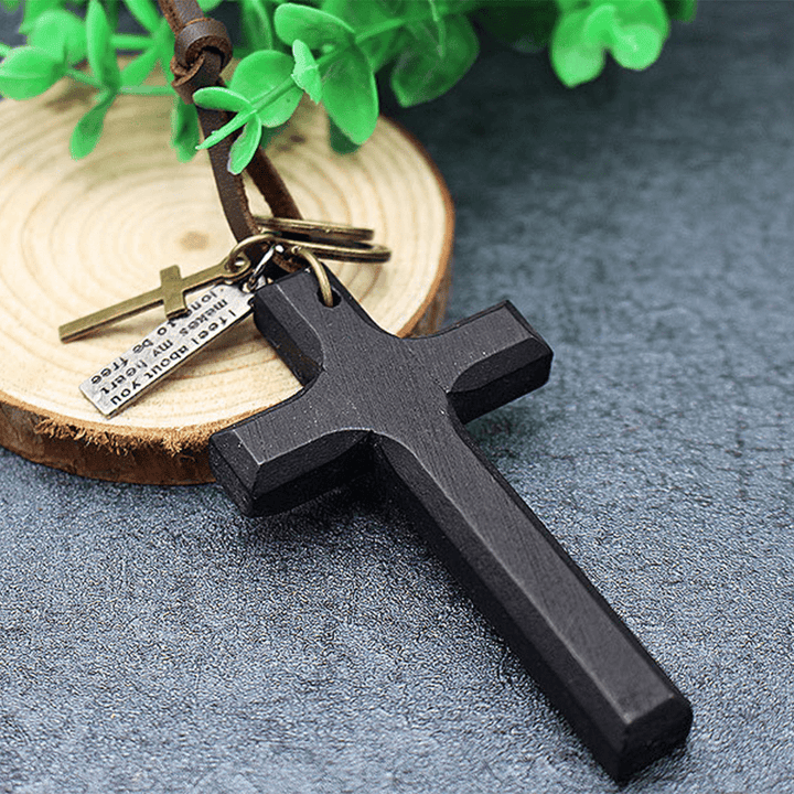 Vintage Wood Cross Adjustable Leather Necklace