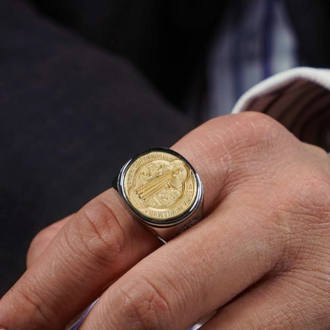 Two Tone Catholic St. Benedict Medal Cross Ring