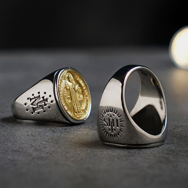 Two Tone Catholic St. Benedict Medal Cross Ring