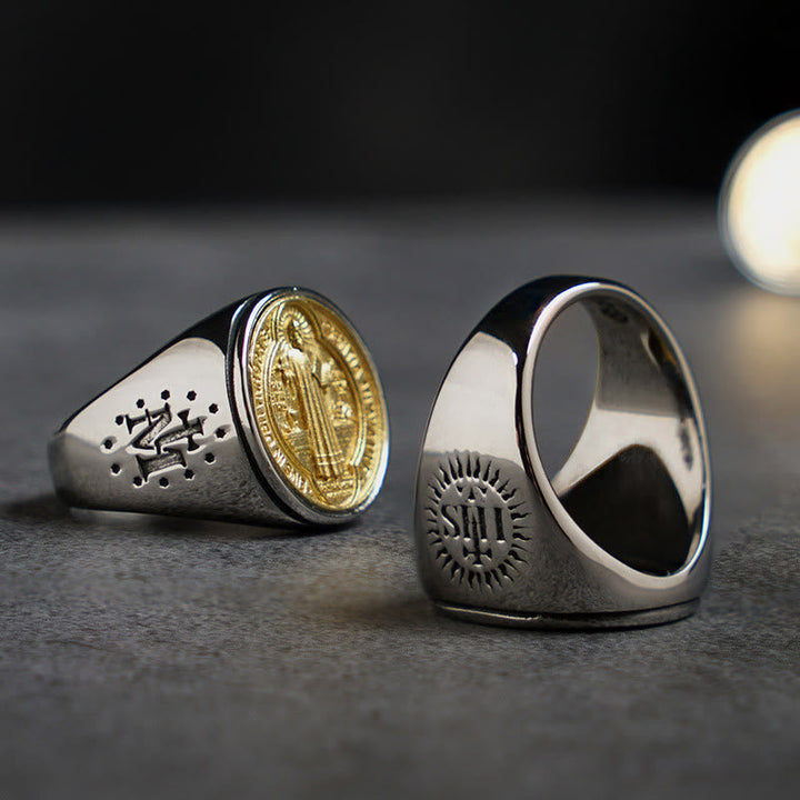 Two Tone Catholic St. Benedict Medal Cross Ring