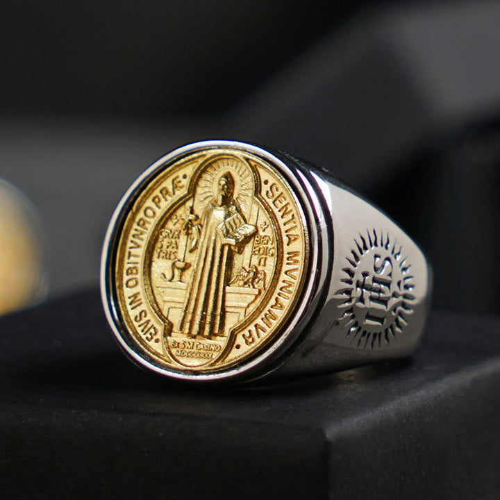 Two Tone Catholic St. Benedict Medal Cross Ring