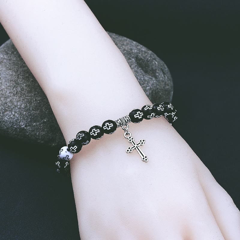 Cross Printed Black & White Bead Bracelet