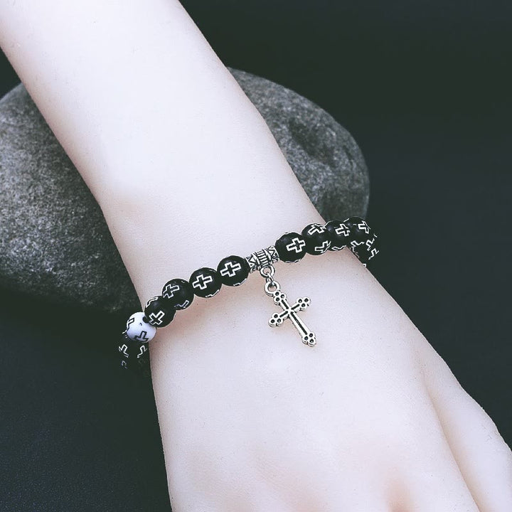 Cross Printed Black & White Bead Bracelet