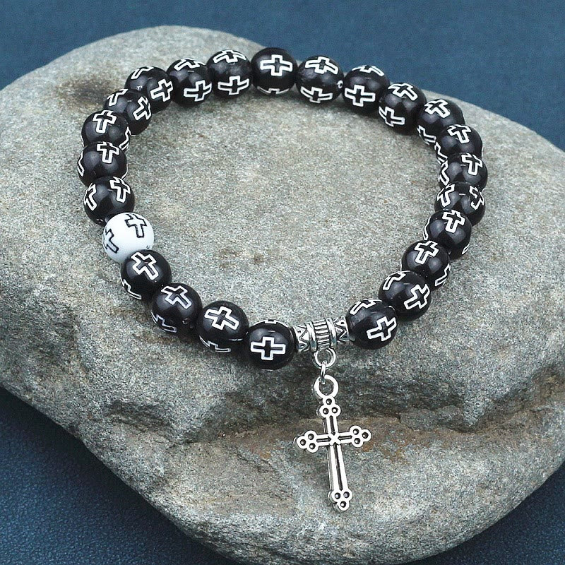 Cross Printed Black & White Bead Bracelet